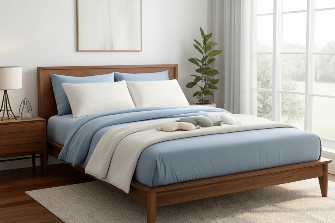 Copper infused bamboo sheet set, cooling pillow and sleep mask arranged on a serene bedroom bed