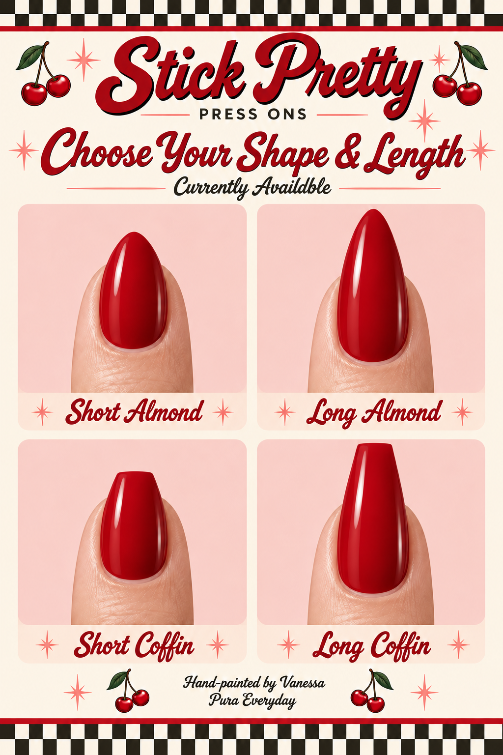 Stick Pretty nail shape choices: Short Almond, Long Almond, Short Coffin, and Long Coffin.