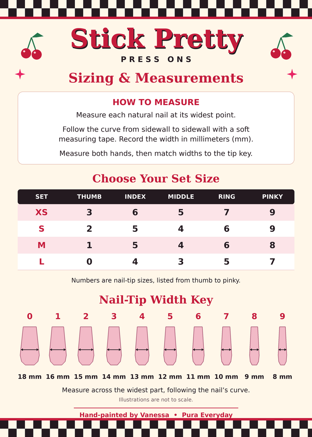 Stick Pretty XS, S, M, and L size chart with nail measurement instructions and millimeter width key.