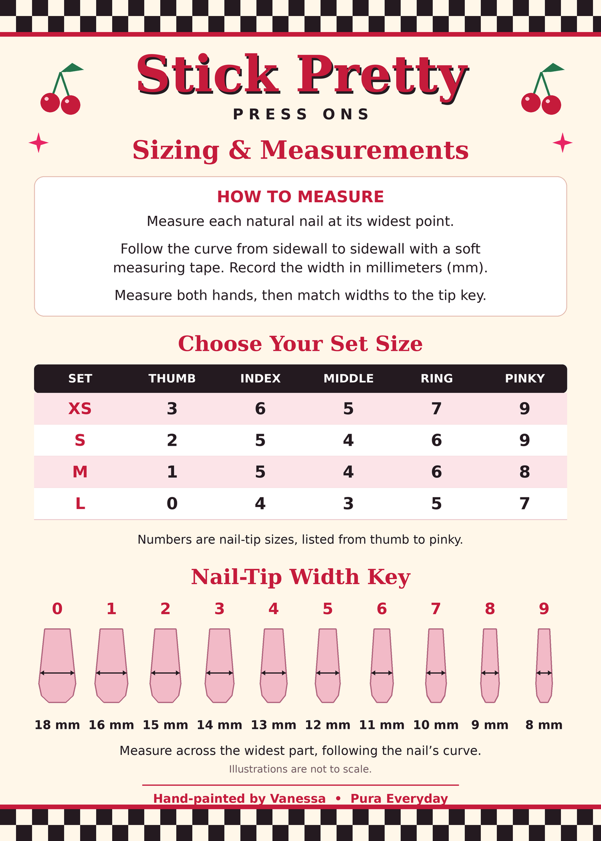 Stick Pretty XS, S, M, and L size chart with nail measurement instructions and millimeter width key.