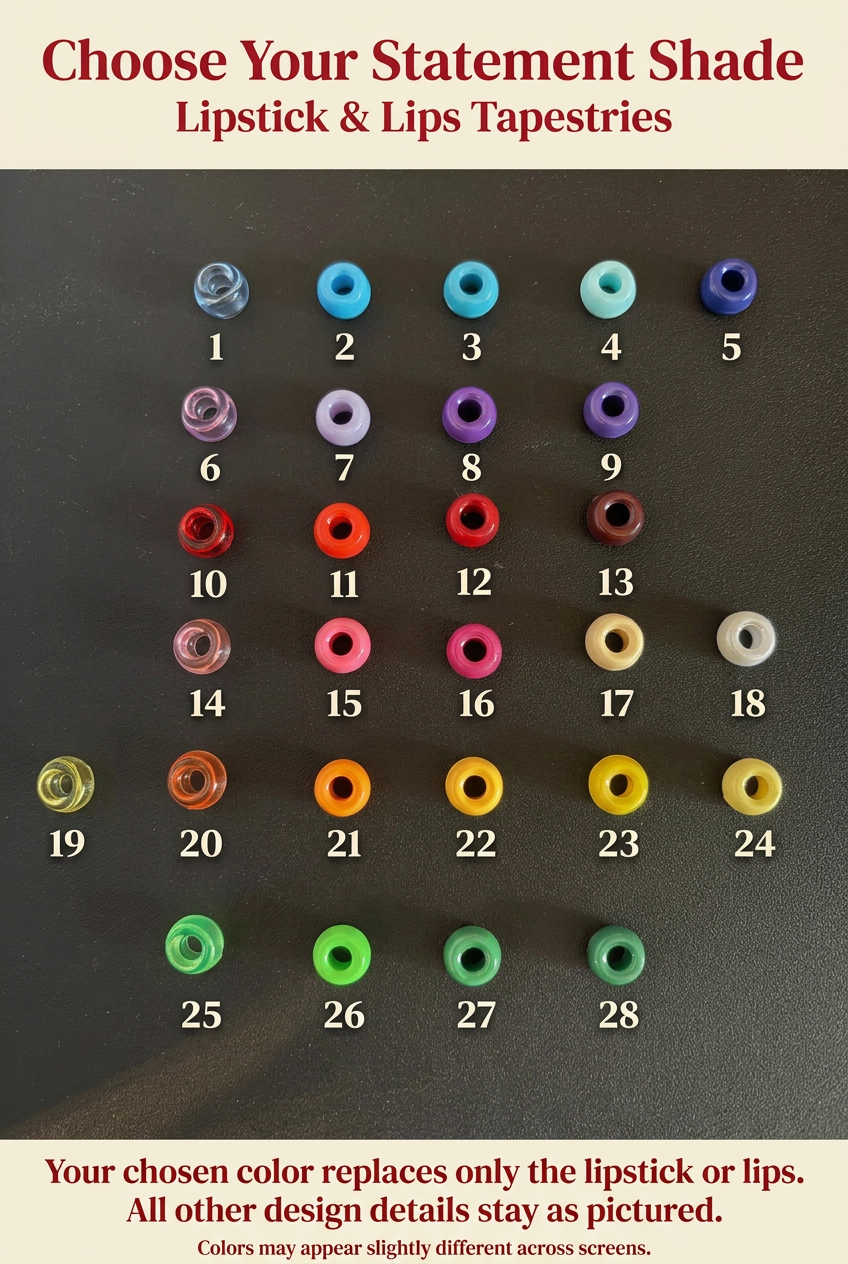 Numbered bead color chart, shades 1 through 28, for Lipstick and Lips tapestries. Color replaces only the lipstick or lips.