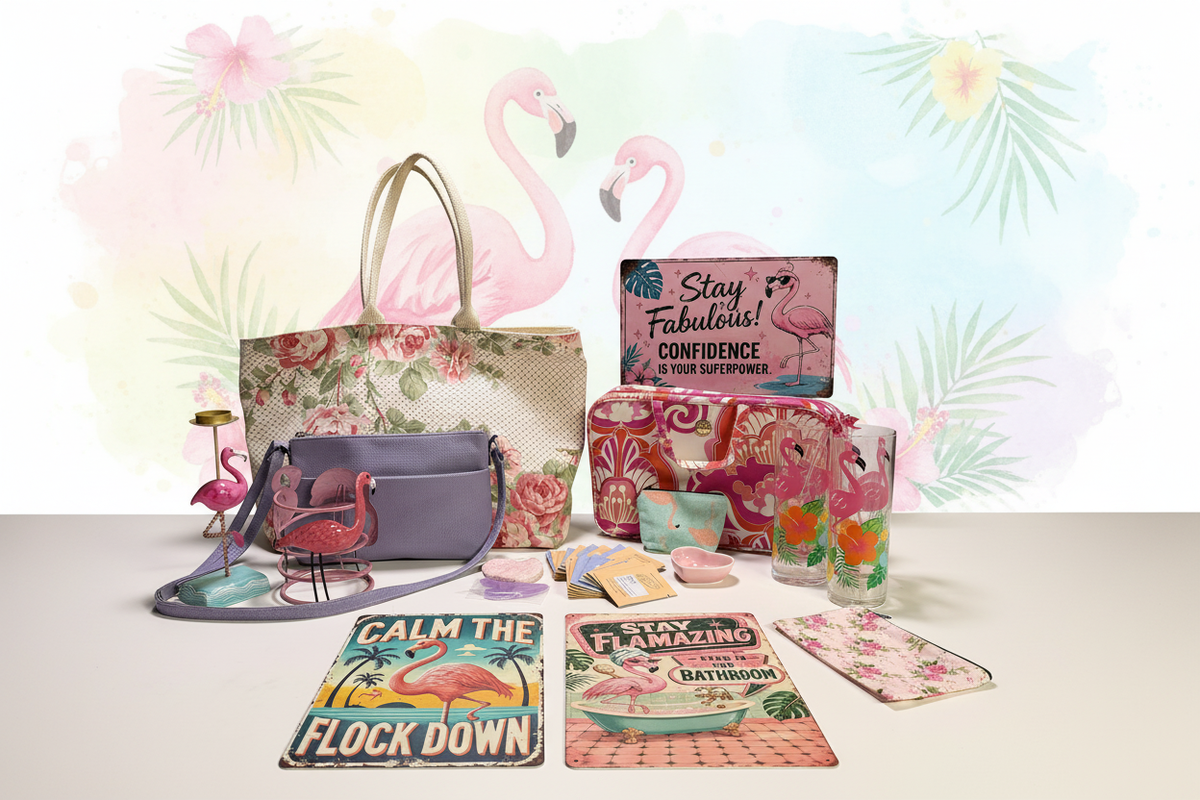 The Flamazing Bundle - flamingo themed gift set with tropical background